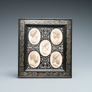 Five ivory portrait medallions set in a pewter-mounted ebony frame, France and/or Italy, 19th C. — photo 1