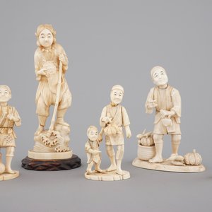 Five Japanese ivory okimono carved figures, late Meiji - early Taisho, 19th to early 20th C. — photo 1