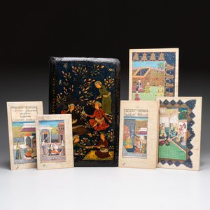 Five Persian miniatures and a lacquered book cover, Qajar, Iran, 19th C. — foto 1