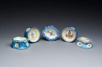 Five polychrome Brussels faience salts, 18/19th C.