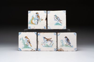 Five polychrome Dutch Delft 'bird' tiles, 17th C.