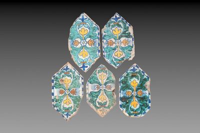 Five polychrome hexagonal tiles, Italy, 16th C.