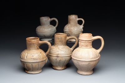 Five Siegburg stoneware jugs, 16th C.