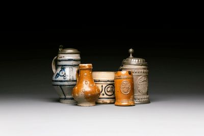 Five stoneware mugs and jugs with various seals, Germany, 16/17th C.