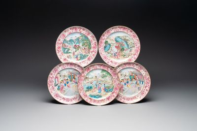 Five unusual and fine Chinese Canton famille rose dishes with puce-enamelled rims, 19th C.