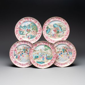 Five unusual and fine Chinese Canton famille rose dishes with puce-enamelled rims, 19th C. — photo 1