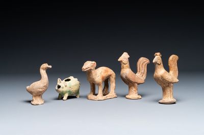 Five varied Chinese pottery animals, Han