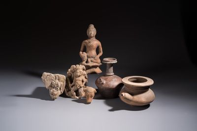 Five various pottery wares and a carved stone fragment, South Asia and Southeast Asia, 18th C. and earlier