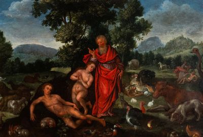 Flemish school, circle of Jan van Kessel (1626-1679), oil on copper: The creation of Eve