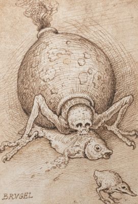 Flemish school, follower of Pieter Bruegel the Elder, pen and brown ink on paper, 19th C.: a fantastic creature with a fish