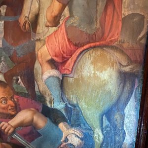 Flemish school: Roman soldiers fighting over their dice game in front of Christ at the cross, oil on panel, 1st half 16th C. — photo 12