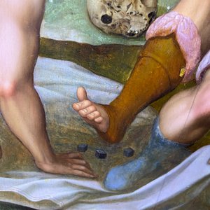 Flemish school: Roman soldiers fighting over their dice game in front of Christ at the cross, oil on panel, 1st half 16th C. — photo 59