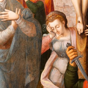 Flemish school: Roman soldiers fighting over their dice game in front of Christ at the cross, oil on panel, 1st half 16th C. — photo 6