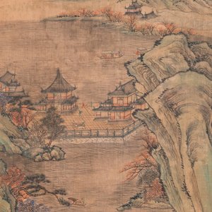 Follower of Qiu Ying 仇英 (1494-1552): 'Mountainous landscape with pavilions', ink and colour on silk, dated 1545 but probably later — 照片 1