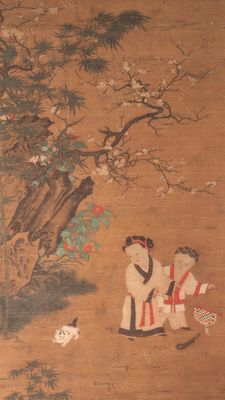 Follower of Su Hanchen 蘇漢臣 (1094-1172): 'Child playing with a cat', ink and colour on silk, Ming or later