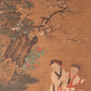 Follower of Su Hanchen 蘇漢臣 (1094-1172): 'Child playing with a cat', ink and colour on silk, Ming or later — foto 1