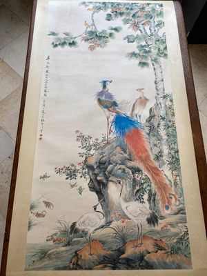 Follower of Yan Bolong 顏伯龍 (1898-1955): 'Two peacocks and two cranes', ink and colour on paper — 照片 1
