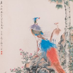 Follower of Yan Bolong 顏伯龍 (1898-1955): 'Two peacocks and two cranes', ink and colour on paper — 照片 1