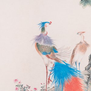 Follower of Yan Bolong 顏伯龍 (1898-1955): 'Two peacocks and two cranes', ink and colour on paper — 照片 5