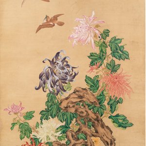 Follower of Zou Yigui 邹一桂(1686-1772): 'Chrysanthemum', ink and colour on paper, 20th C. — photo 3