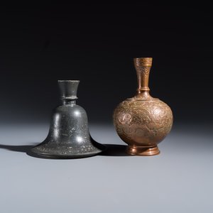 Four Bidri metal hookah bases and a copper hookah base or vase — 照片 9
