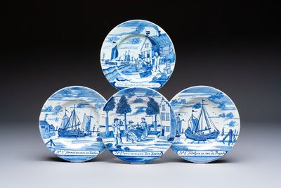 Four blue and white Dutch Delft 'Herring Fishery' plates, 18th C.