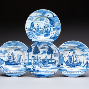 Four blue and white Dutch Delft 'Herring Fishery' plates, 18th C. — photo 1