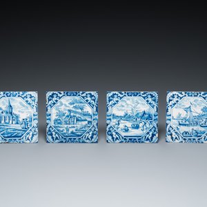 Four blue and white Dutch Delft tiles with fine landscapes and cherubs as corner motives, 18th C. — photo 2