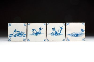 Four blue and white Dutch Delft tiles with sea creatures, 17th C.