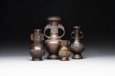 Four Chinese archaistic gilt bronze vases, Yuan/Ming