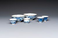 Four Chinese blue and white 'Bleu de Hue' cups and two bowls, various marks, 19th C.