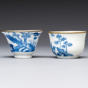 Four Chinese blue and white 'Bleu de Hue' cups and two bowls, various marks, 19th C. — foto 9
