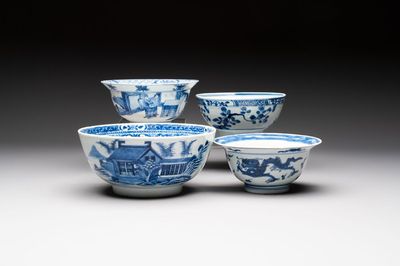 Four Chinese blue and white bowls, Qi Zhen Ru Yu 奇珍如玉 and Ding mark, Kangxi/Qianlong