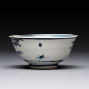 Four Chinese blue and white bowls, two cups and a plate, Ming — photo 24