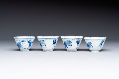 Four Chinese blue and white 'boy and buffalo' cups, Qi Yue Ru Yu 奇玥如玉 and Kun Chi Yu Shi 崑池玉石 marks, Yongzheng