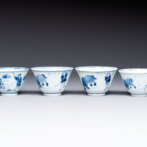 Four Chinese blue and white 'boy and buffalo' cups, Qi Yue Ru Yu 奇玥如玉 and Kun Chi Yu Shi 崑池玉石 marks, Yongzheng — 照片 1