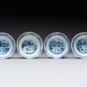 Four Chinese blue and white capucin-ground cups and saucers with landscape design, Yongzheng — 照片 6