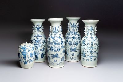 Four Chinese blue and white celadon-ground vases and a ginger jar, 19/20th C.