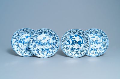 Four Chinese blue and white dishes with ladies in a landscape, Kangxi/Yongzheng
