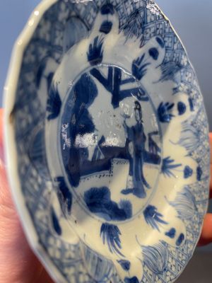 Four Chinese blue and white 'Eight Immortals' cups and saucers and five saucers, Chenghua and Lu mark, Kangxi — foto 12