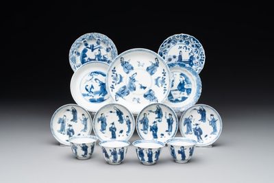 Four Chinese blue and white 'Eight Immortals' cups and saucers and five saucers, Chenghua and Lu mark, Kangxi