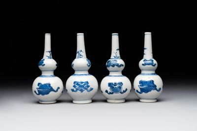 Four Chinese blue and white 'Eight Treasures 八寶' double gourd vases, Kangxi