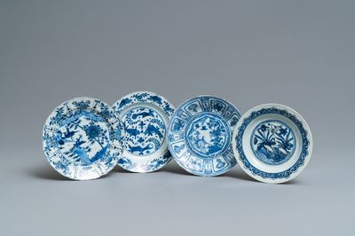 Four Chinese blue and white kraak porcelain plates, Wanli