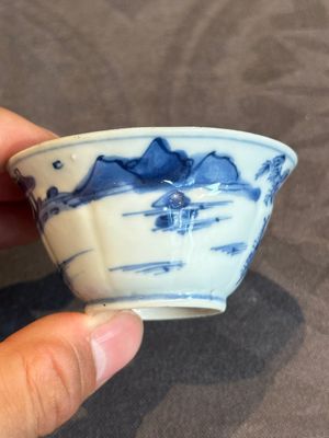 Four Chinese blue and white 'landscape' cups and saucers, Kangxi — photo 14
