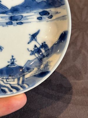 Four Chinese blue and white 'landscape' cups and saucers, Kangxi — photo 3