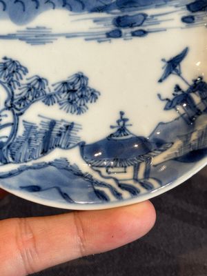 Four Chinese blue and white 'landscape' cups and saucers, Kangxi — photo 4