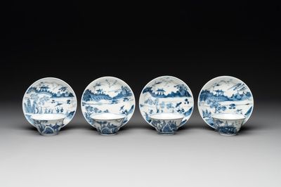 Four Chinese blue and white 'landscape' cups and saucers, Kangxi