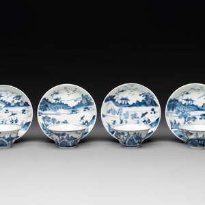 Four Chinese blue and white 'landscape' cups and saucers, Kangxi — photo 1