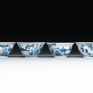 Four Chinese blue and white 'landscape' cups and saucers, Kangxi — photo 6