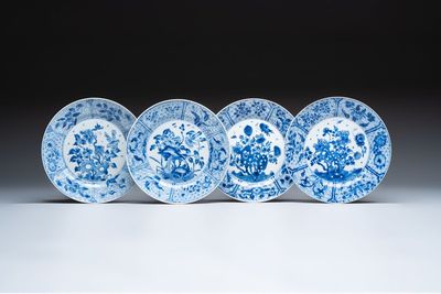Four Chinese blue and white plates with floral design, Kangxi